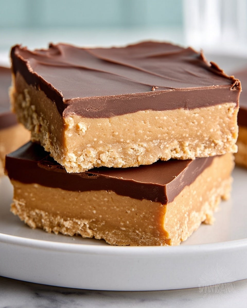 Large white rectangular baking pan filled with a smooth, thick peanut butter bar base topped with a glossy, evenly spread layer of dark chocolate, showing the full uncut dessert neatly set and ready to serve, placed on a white marble surface, captured in natural light from a professional 3/4 angle food magazine style photo taken with an iphone --ar 4:5 --v 7