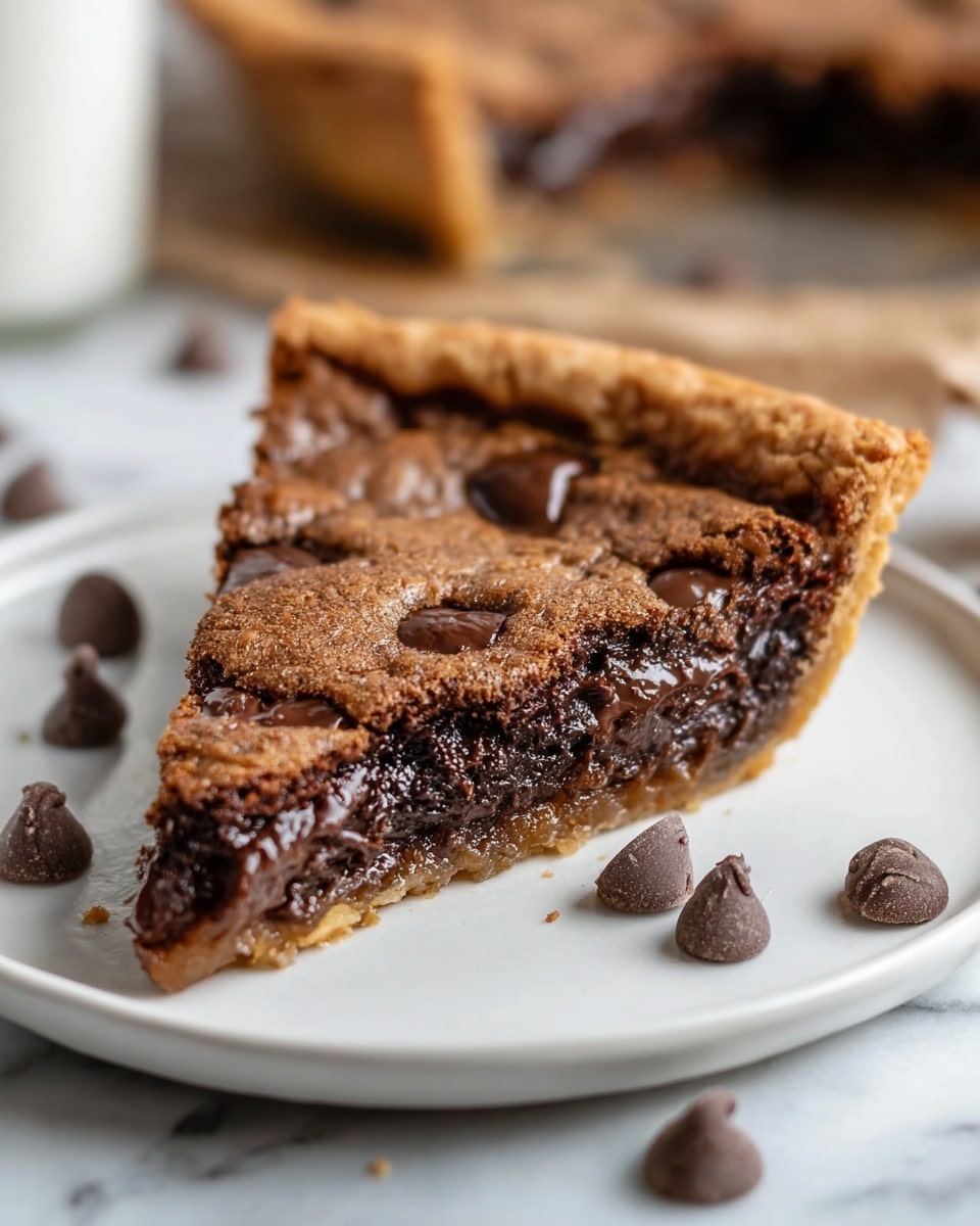 Whole uncut chocolate chip cookie cake with a golden crisp outer crust and a rich, fudgy center, studded generously with melty chocolate chips on top and throughout, presented on a white serving plate, shot from a 3/4 angle on a white marble background with natural lighting, styled like a hero food magazine photo taken with an iphone --ar 4:5 --v 7