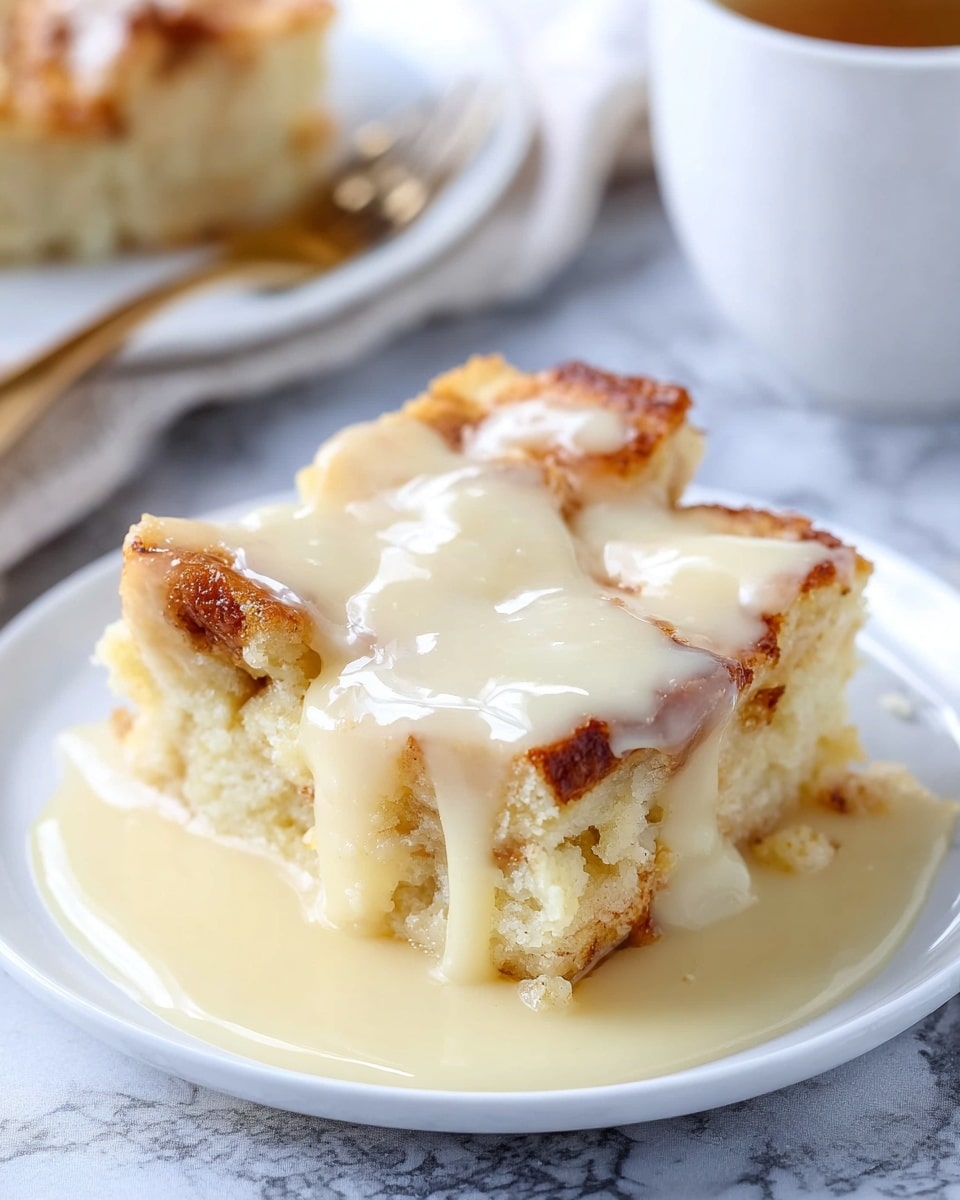 Large white rectangular baking dish filled with a whole batch of bread pudding, featuring golden, fluffy cubes of bread soaked in a creamy custard, generously topped with thick, glossy vanilla sauce dripping over the edges, perfectly baked with a slightly crisp top layer, whole dish showcased on a white marble countertop with natural lighting, professional food magazine hero shot, photo taken with an iphone --ar 4:5 --v 7